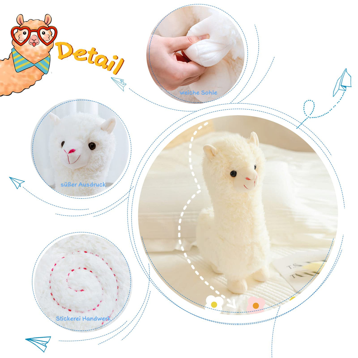 Celawork Alpaka Kuscheltier 25 cm Weiß – stehendes Lama Plüschtier aus weichem Plüsch, Stofftier Geschenk für Kinder