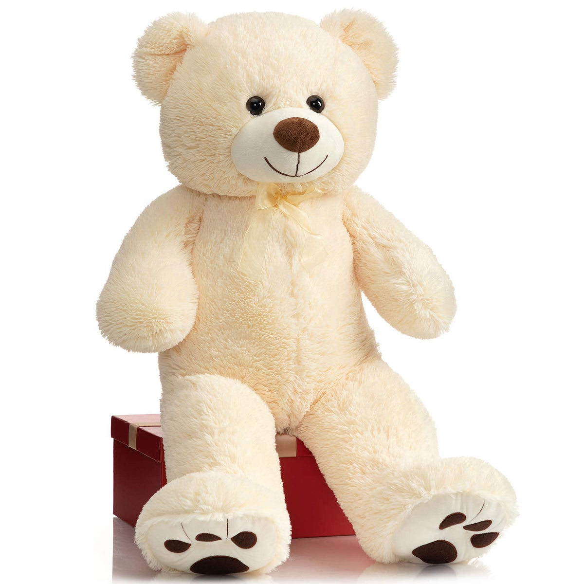 BEJOY Teddybär XXL 90 cm – Kuscheltier Plüschtier mit Schleife & Pfoten, superweich, Beige, Geschenk für Freundin & Kinder