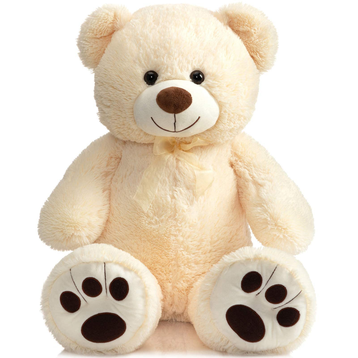 BEJOY Teddybär XXL 90 cm – Kuscheltier Plüschtier mit Schleife & Pfoten, superweich, Beige, Geschenk für Freundin & Kinder